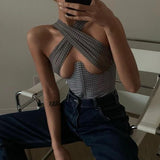 Fashion Plaid Cross Halter Sexy Cut-Out Crop Tops