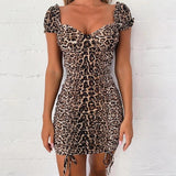 Sexy Leopard Dresses Backless Puff Sleeve Lace up Bodycon Dress