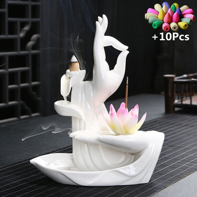 White Ceramic r Buddha Hand Backflow Incense Burner Lotus Incense Stick Holder