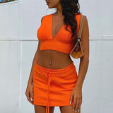 Orange Sexy V-Neck Halter Crop Top Skirt 2-Pieces Sets Media 1 of 6