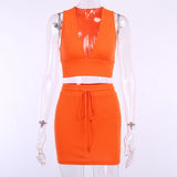 Orange Sexy V-Neck Halter Crop Top Skirt 2-Pieces Sets