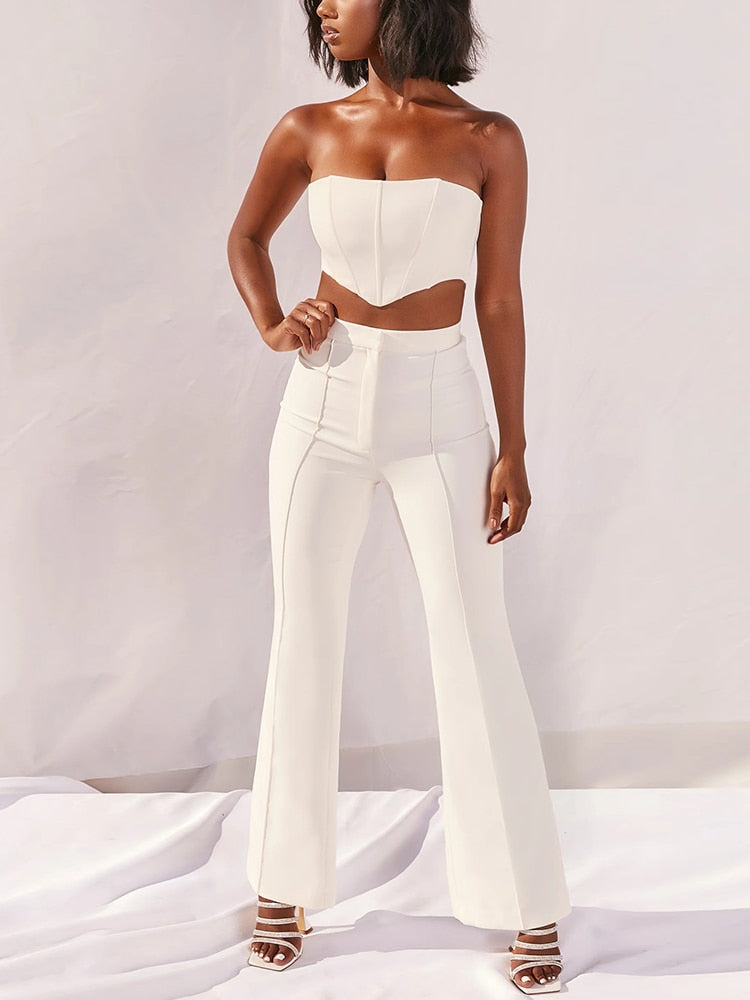 Strapless Corset Crop Top And Flare Pants Sets 2 Piece Set