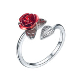 Red Rose Flower Leaves Open Ring
