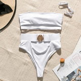 White Hollow Out Metal Buckle Belt Swimsuit 2021