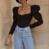 Vintage Corset Top Blouse Puff Long Sleeve Tops