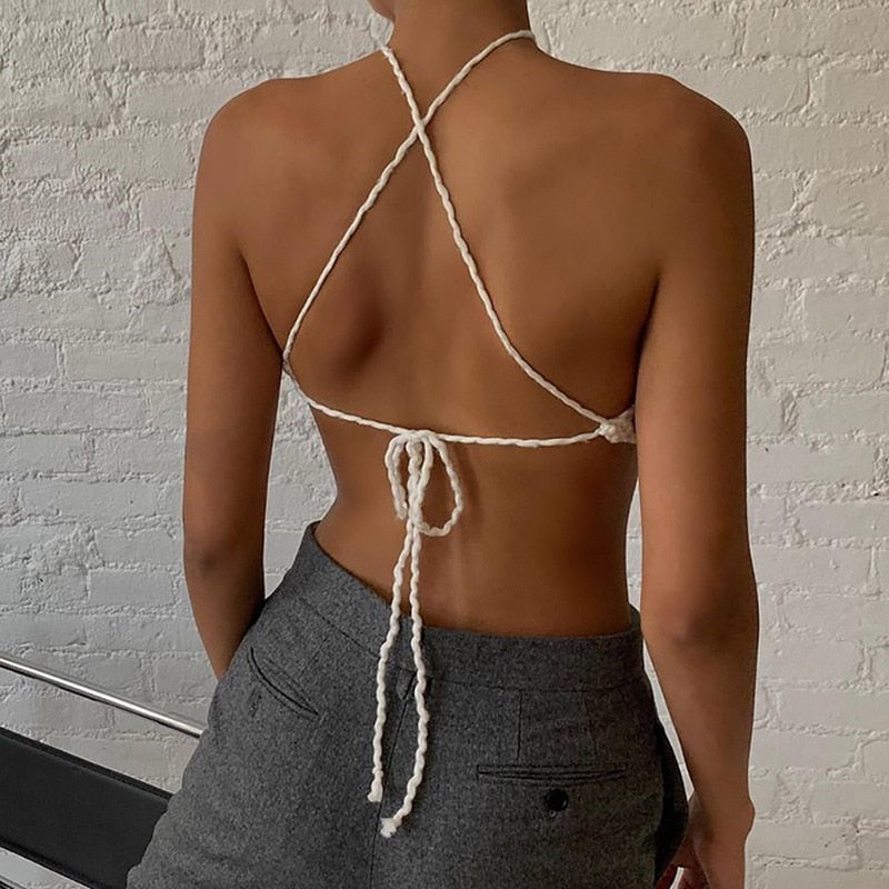 Fashion Bandage Tie Up Halter Knitted Crop Top