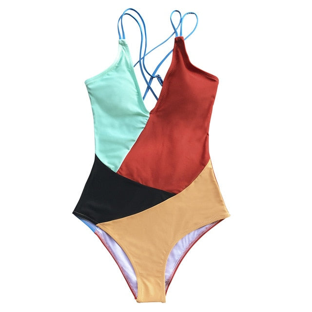 Sexy Colorblock V-Neck One-Piece Swimsuit