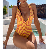 Sexy 2021 V Neck Striped Lace Up One Piece Swimsuit