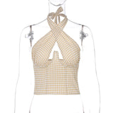 Fashion Plaid Cross Halter Sexy Cut-Out Crop Tops