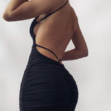 Sexy Black Backless Ruched Party Club Dress 2021
